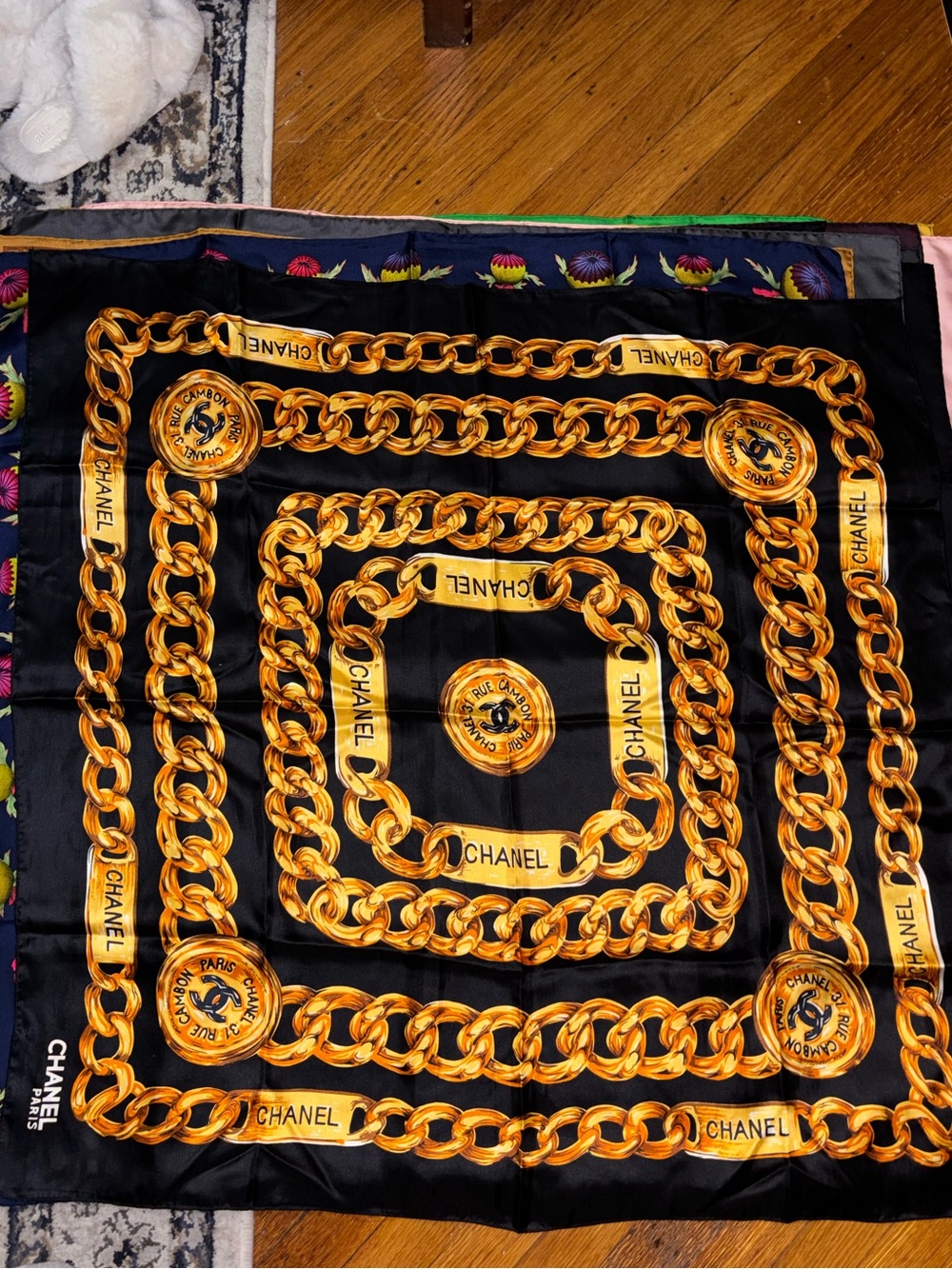 CHANEL Black & Gold Chain Motif Silk Scarf
